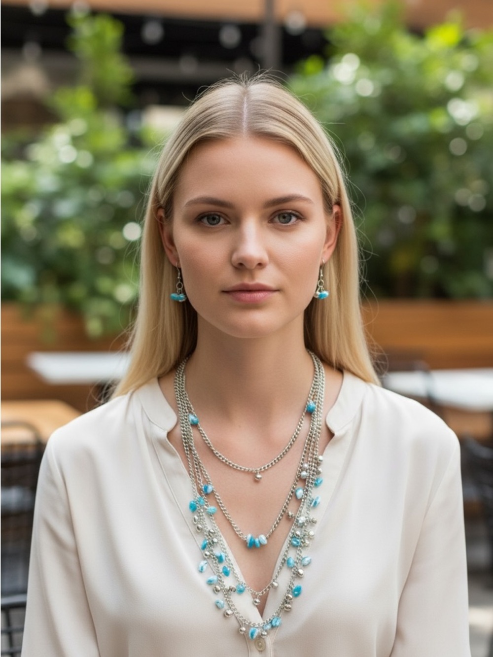 2fer Beautiful Layered Silver Necklace with Turquoise Beads & Matching Earrings